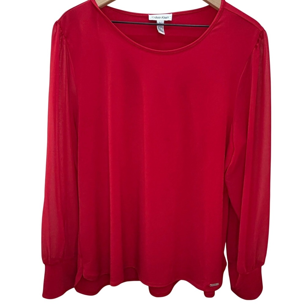 Calvin Klein Red Sheer Sleeve Long Sleeve Top Women's Size L 0198